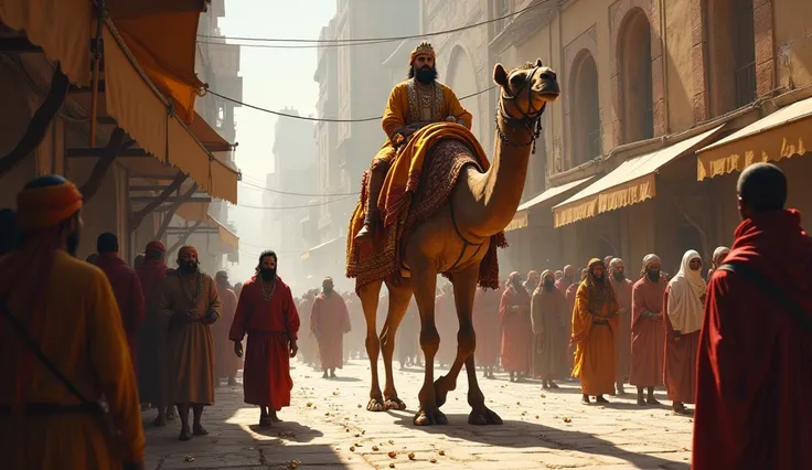 A king on a camel and by his side of his true black servant in a narrow streets. And others servants are busing to pick up the fallen pearls on a side of the narrow streets