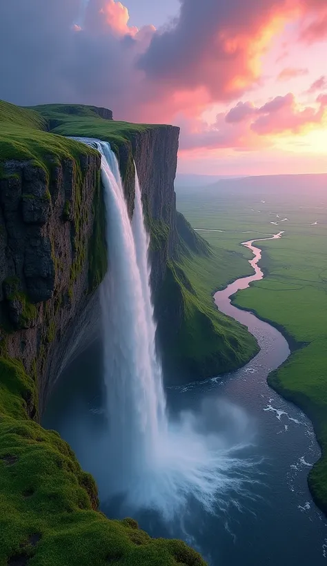 "A breathtaking landscape featuring a majestic waterfall cascading down a lush green cliff. The waterfall, tall and powerful, plunges into a dark pool below. The cliff face is covered in vibrant moss and vegetation. Below the cliff stretches a vast, verdan...