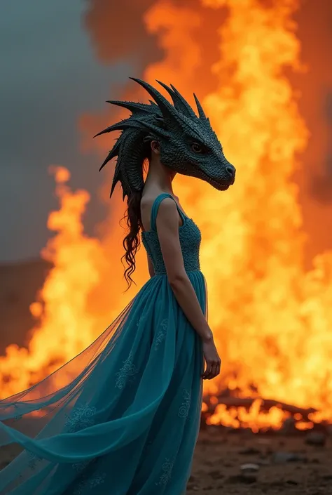 A girl with a dragon head and a blue dress stands in front of a fire.