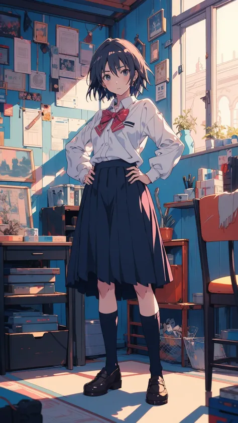 ((best quality)), ((masterpiece)), (detailed), a drawing of a girl in a school uniform standing with her hands on her hips, anime full body illustration, beautiful anime high school girl, a hyperrealistic schoolgirl, cushart, clean detailed anime art, by K...