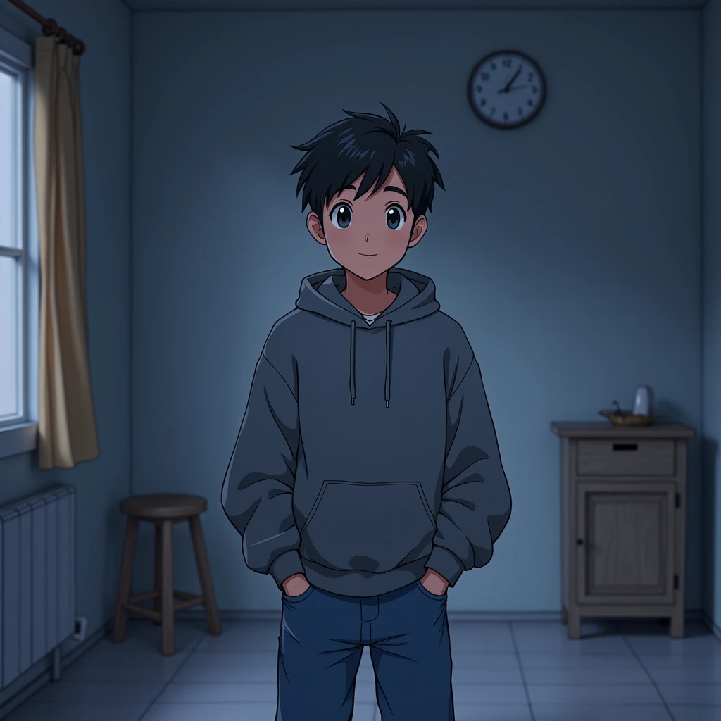 anime friendly young man. it is night the room is minimalistic. The anime must wear hudy and blue jeans. He is front facing to the camera, looking straight and centered, central portrait, straight forward, centered looking straight at camera