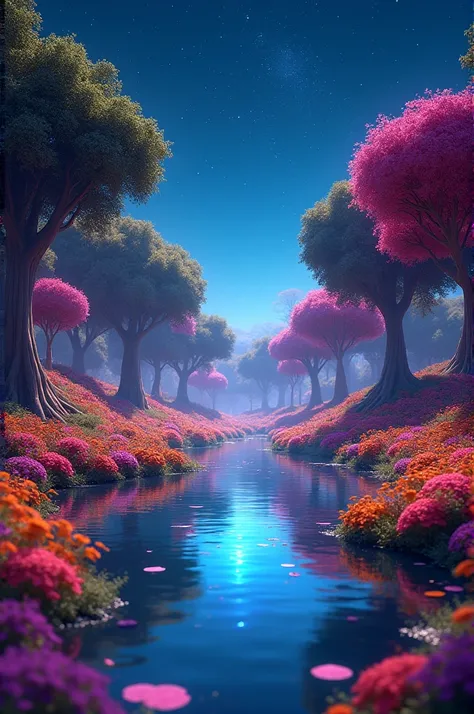 magine prompt: Viral anime nature wallpaper in 4K quality, in the style of Pixar 3D inspired by Coco, showing a lively forest clearing with colorful flowers, animated trees, and a crystal-clear pond reflecting the night sky; warm and festive color temperat...