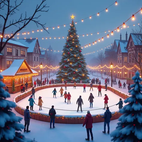 Festive Ice Skating Rink: A lively outdoor ice skating rink set up in a town square decorated for the holidays. The rink is surrounded by twinkling string lights and festive garlands. People of all ages are skating, some gracefully gliding and others playf...