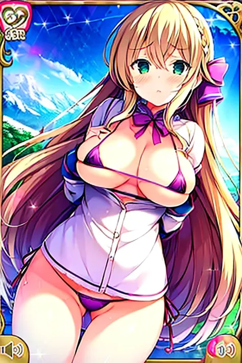 1girl,   mochizukierena, blonde hair, hair between eyes, french braid, hair ribbon, purple ribbon, very long hair, green eyes, empty eyes. large breasts, , , Heavy snowfall area, frozen, wet, crying, mountain, (sea, micro bikini:1.3), solo, 1girl, , 　