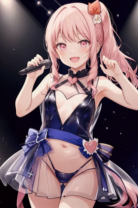 Mizuki Akiyama,flat chest,side tail,cute,double piece,smile,open mouth,live studio,idol costume,see through,See-through nipples