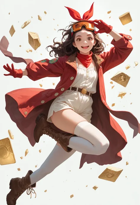 {alta calidad}, renderizado de octano, Ultra alta definición, profundidad de campo, épico, cinematográfico, Create an image of a young, lively character with long, wavy dark brown hair and a playful red bandana tied around her head. She has a youthful, ova...