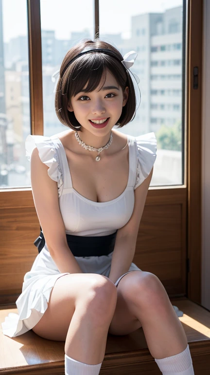 English maid、Ruffled headband、Short Bob Cut、Frilled blouse、Ribbon tie、apron、Long skirt、Puff sleeves、White silk ruffled ankle socks、Black Hair、Bright pale blue eyes、Eye-catching highlights、Perfect Anatomy、Dynamic Lighting、Lip gloss、laughs、Beautiful Teeth、Be...