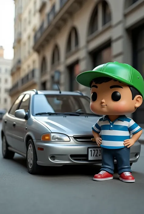 Chevrolet Corsa 1997 Gray Silver, and a funko pop of a very fat man, moreno, with green cap without logos, dressed in a blue horizontal striped shirt, 