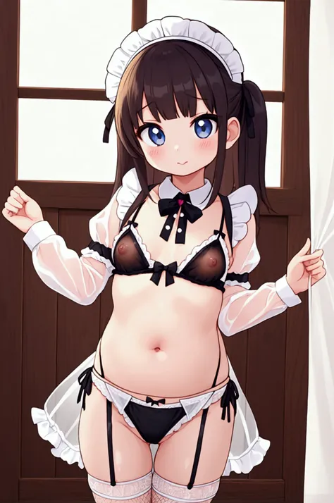 girl、Upside Tail、Maid&#39;s Cap、メイドSwimwear、Belly button、Swimwear、Garter belt、Fishnet stockings、Embarrassing、Small breasts、See-through、See-through nipples