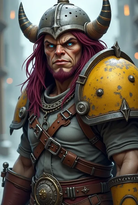 half-orc, with crooked little horns, human facial features, long burgundy hair, with glowing blue eyes, grey leather, with a colander on the head, without fangs, armor of yellow and burgundy colors