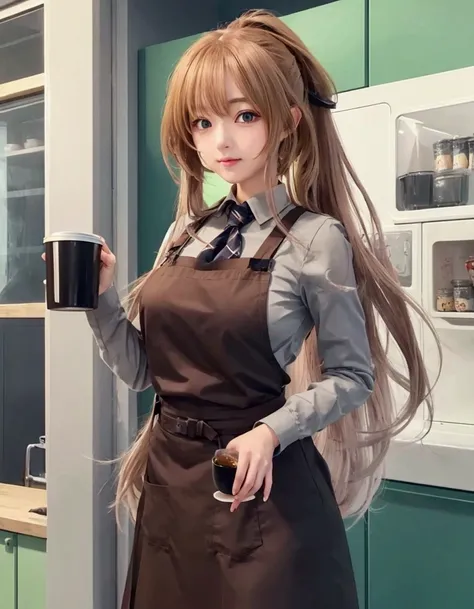 Anime girl with long hair holding a cup of coffee in a kitchen., The mysterious girl from the cafeteria, fine details. Girls on the front line, from Girls on the front line, Girls on the front line style, Girls on the front line cg, moe anime art style, An...