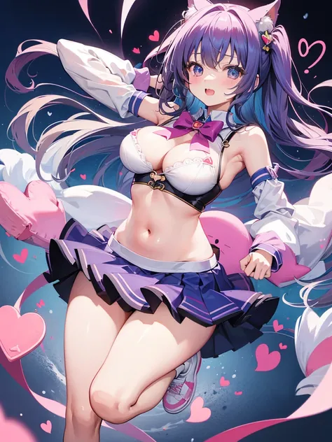 High image quality、Elementary school girl、cute、High resolution, masterpiece, Anatomically correct, Large Breasts, Excited、Tempting、Heart symbol in eye、Navel and shoulders are exposed、mini skirt