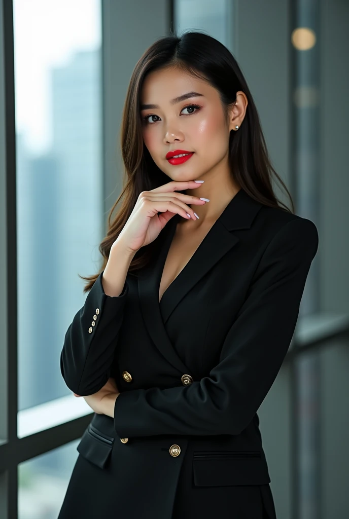 A photo of a Thai woman in professional attire standing confidently by a window in an office environment. She wears a stylish black blazer over a dark ensemble, accented with gold buttons, and is posed with one hand under her chin, conveying a thoughtful o...