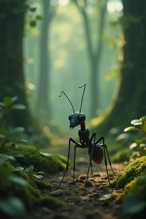 An ant with a sad face walking in a forest