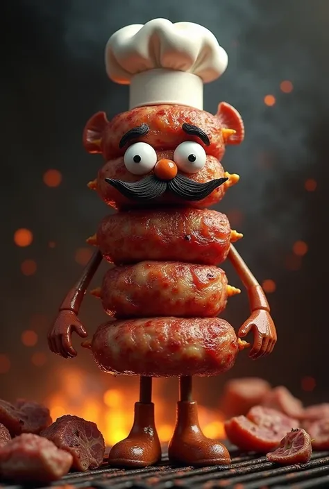 A skewer of roasted pieces of meat that has eyes, boca, mustache hands legs and a chef hat on his head with a grill background

