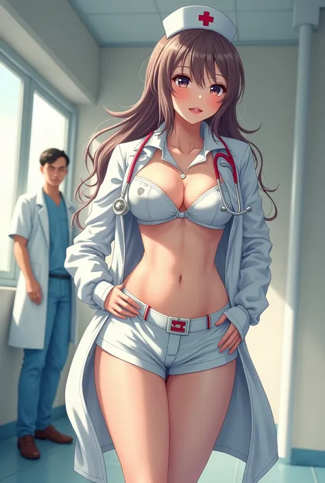 generate a animeDream nurse with  nude big large boobs , a doctor who stands near the nurse in uniform, and the doctors dick is out of his pants 

