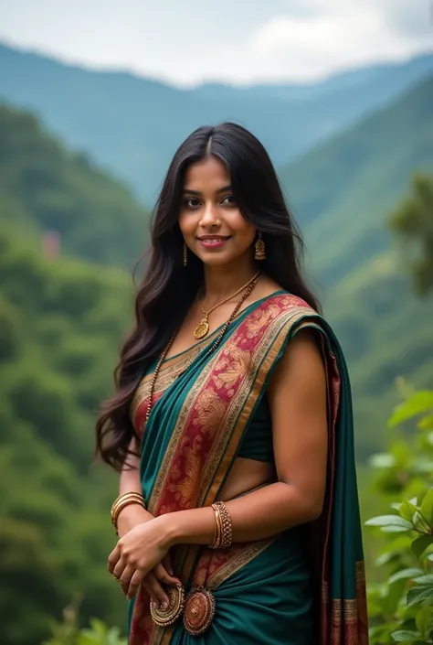 Kerala female young curvy shsped aged 28 outdoor photo wearing sleeveless saree in wayanad kerala. Realistic photo.front photo