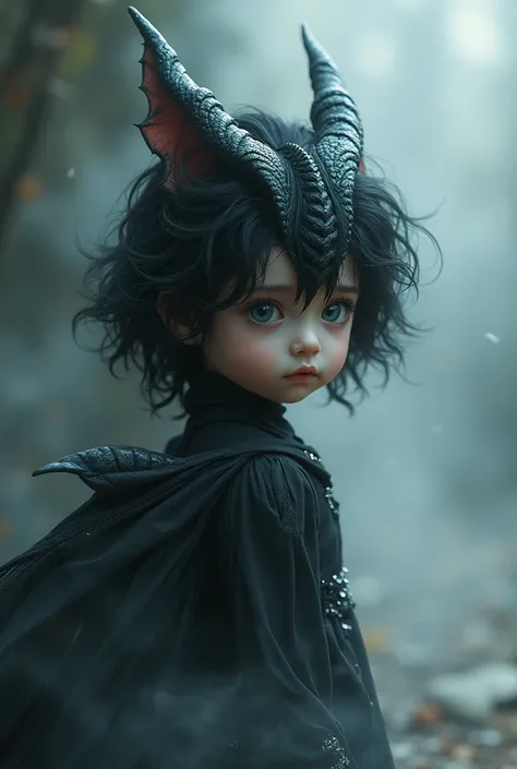 A black dragon in human form, a child, Ayame