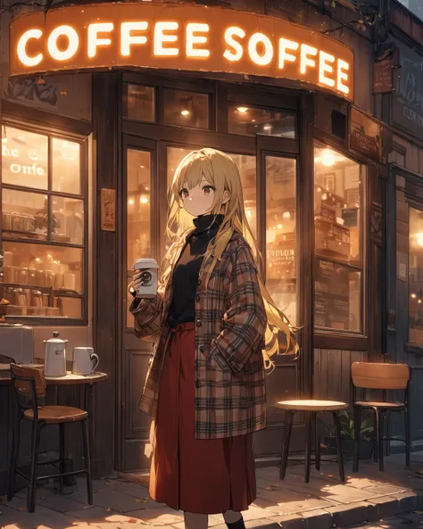 "A detailed illustration of a young girl standing in front of a cozy coffee shop. She has long blonde hair and is wearing a black turtleneck, a red skirt, and a plaid oversized coat. The coffee shop behind her has warm lighting with visible signage. The mo...