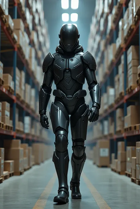 A man manages resources in a large warehouse, Wear a white outfit, Wearing a small black full body armor, M35 helmet, The iron mask completely covers the whole body. The body of a naturally skinny man.