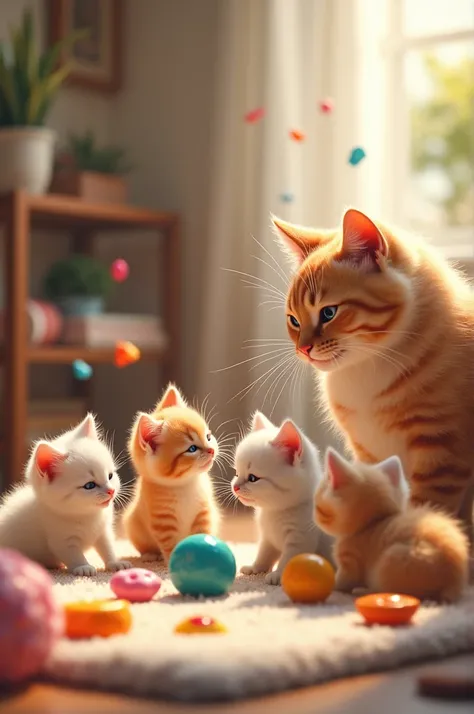 I want to 5 little baby cats in room play with different toys and one cat big mother like meow meow like motion