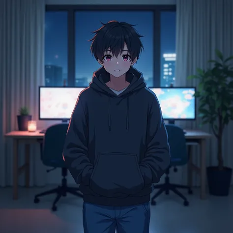 anime friendly young man ( highly detailed, smart, gamer, 2k,). it is night the room is minimalistic. The anime must wear hudy and blue jeans. He is front facing to the camera, looking straight and centered, central portrait, straight forward, centered loo...