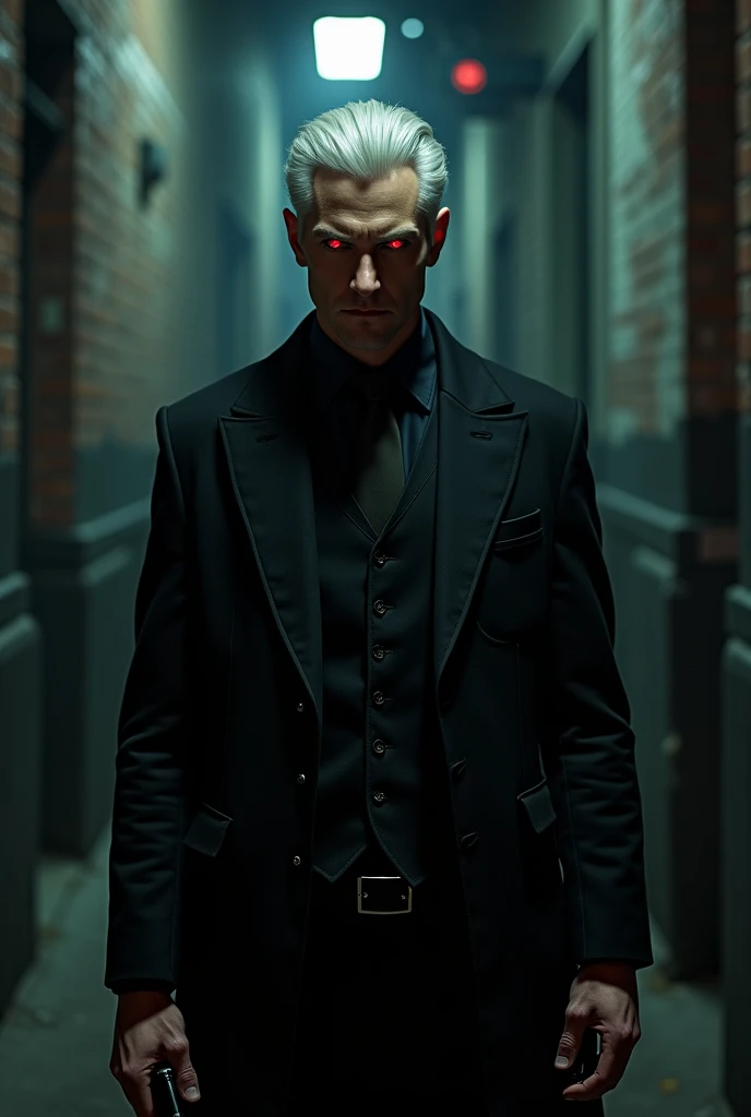 Young handsome Man with Red eyes, sharp jaw line ,white hairs , masculine mafia figure in shadow in alley with a gun 