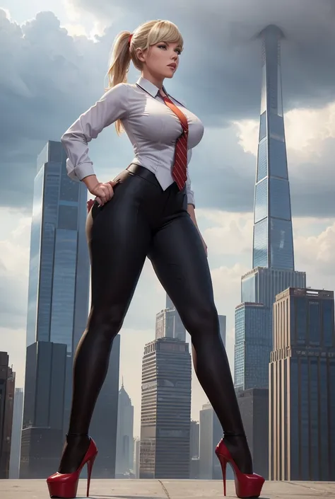 Two women aged 20 each wearing grey pinstriped trouser suits, white shirts heels and a larger paisley necktie. Large breast giantess art tiny city Young adult 1 woman, beautiful curves a massive curvy thighs blonde ponytail red lips wearing a perfect crims...