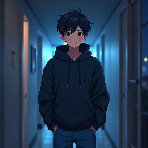 anime friendly young man ( highly detailed, smart, gamer, 2k,). it is night the room is minimalistic. The anime must wear hudy and blue jeans. He is front facing to the camera, looking straight and centered, central portrait, straight forward, centered loo...