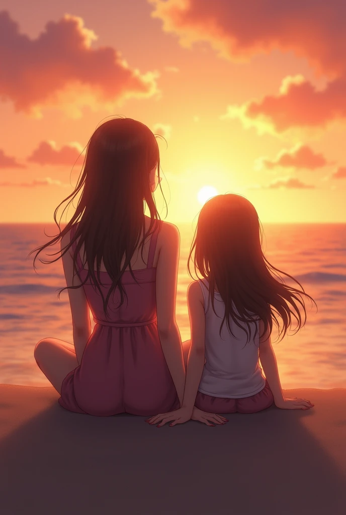 Create a profile picture, of a sunset on the beach with a woman and a girl sitting with their backs turned 
