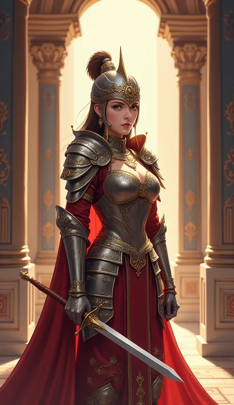 Fantasy World、Create an image of a beautiful female warrior inspired by the Imperial Guard。She is graceful yet strong.、He wears elaborate full mail decorated with gold and silver ornaments.。Wearing a beautifully decorated helmet。In one hand he holds a shin...