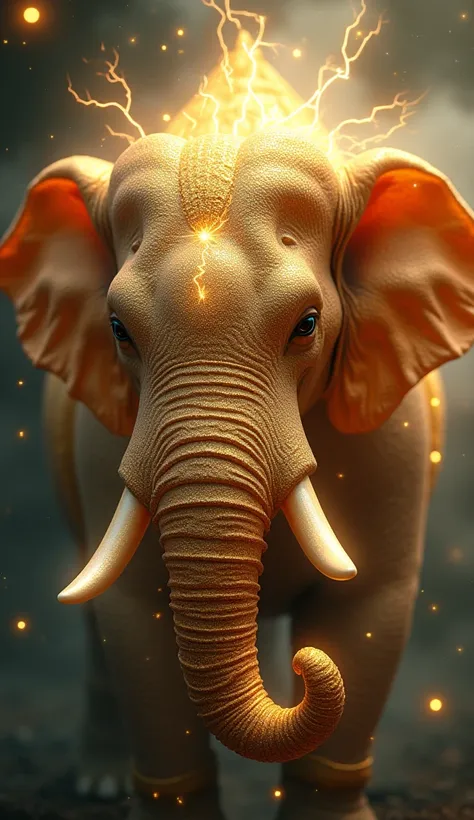 Half elephant, half Ganesha face、Golden Elephant、Sparkling eyes、Lightning glows