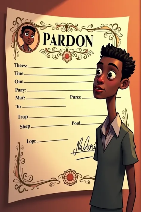 Create a pardon for a 1 man who is dark-skinned with black eyes and skinny, Pixar version