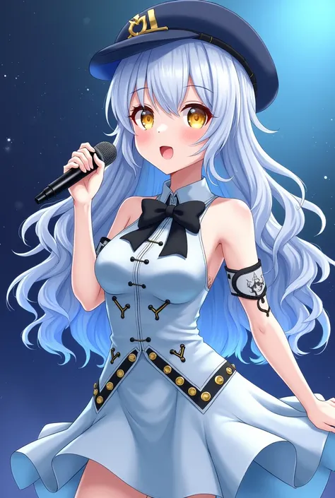 Hoshimi Stelluna shines like a star on stage with a truly unforgettable presence. She wears a dark blue hat that perfectly matches her long, wavy hair in a light blue shade., with subtle silver highlights that seem to reflect starlight. His bright yellow e...