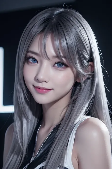 1 female,Perfect Eyes,((Focus Eye)),((Dark grey eyes)),An attractive and eye-catching smile,View your viewers,Overflowing charm,8k,Ultra-high resolution,High contrast,Very detailed,Platinum white and gray gradient long hair,Enchanting atmosphere,Rim Light,...