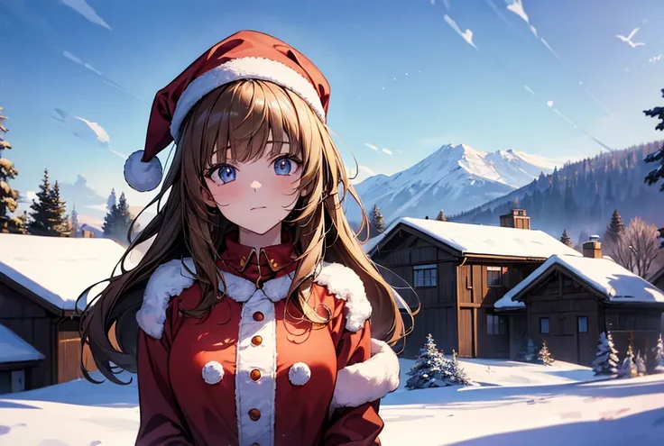 ((masterpiece, best quality, extremely detailed, absurdres)),High school girls, front, 3 people face, upper body, in Santa Claus　uniform,landscape　snow daytime anime illustration