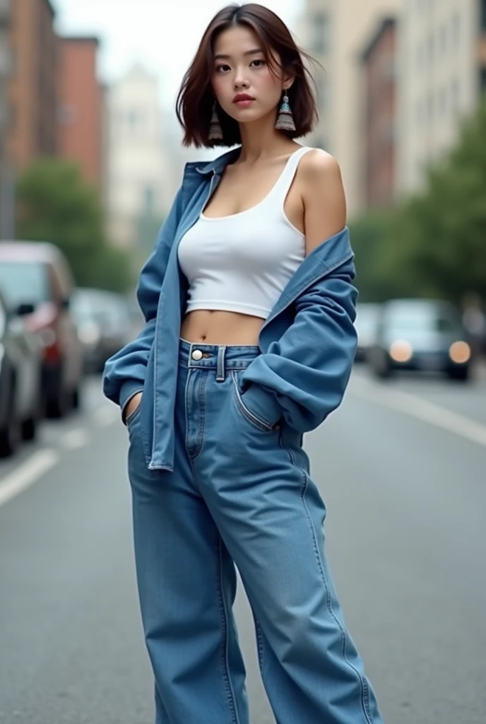 A British beautiful  girl, with brown short hair upto shoulder, korean wolf haircut  , milky white skin, brown eyes, wearing indian earrings, wearing white tank top with blue oversized full sleeve shirt  up, blue baggy jeans with blue glass heals, standing...