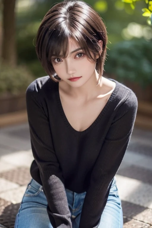 Best Quality, Super Fine, 16k, Incredible resolution, Very detailed, 2.5D, Delicate and dynamic, Cool and beautiful woman, Light brown short hair, Attractive appearance, [Excited expression, Best body shape, Wearing a black V-neck sweater and ragged jeans,...