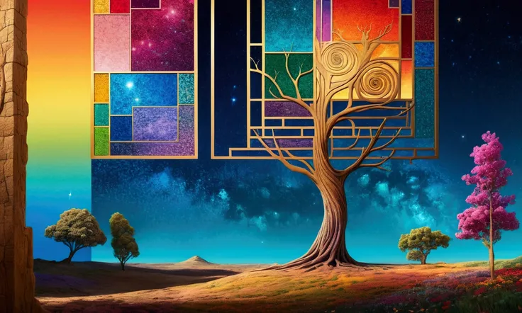 "A fantasy-inspired tree standing tall with multicolored flowers on its branches, set in a surreal background that divides into a night sky filled with stars on the left and a radiant daylight scene on the right. The trees deep roots stretch over rainbow-l...