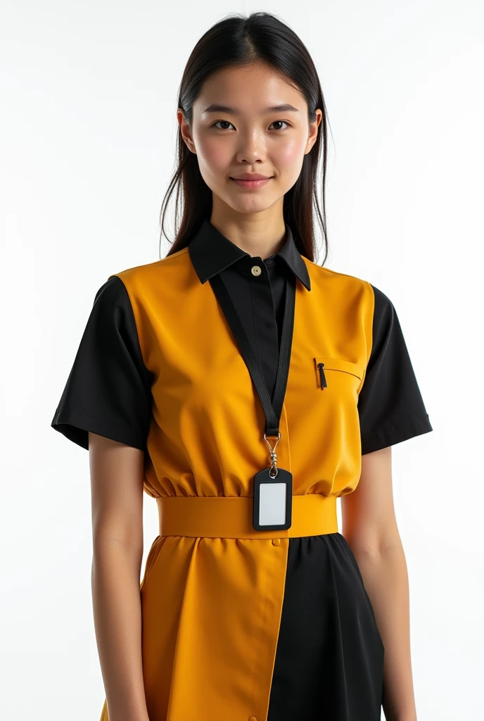 Uniform of a fashion youth store employee, Black,  ochre-gold and white color, on a white background, very fashionable, lonyard with vertical badge,
