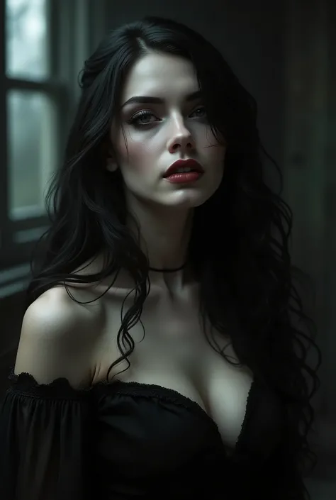 A beautiful female vampire with pale skin, dreamy eyes, erotic and seductive expression, waist shot, ecstasy, gothic horror, dark moody atmosphere, dramatic lighting, (best quality,4k,8k,highres,masterpiece:1.2),ultra-detailed,(realistic,photorealistic,pho...