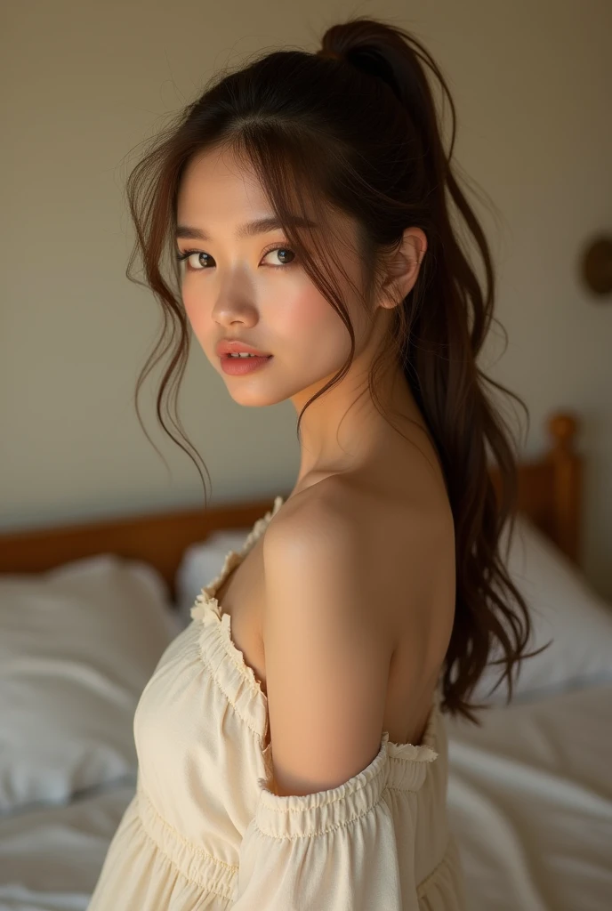 iris, woman1名, (woman)), Alone, Genuine, Best Quality, photoGenuineistic, masterpiece, 8k, High resolution, Alone, HDTV Face, Soft lighting, bedroom, ((Daytime)), null, (Looking into the camera), (Portraiture: 0.6), whole body, (Medium Hair), ponytail, Bro...