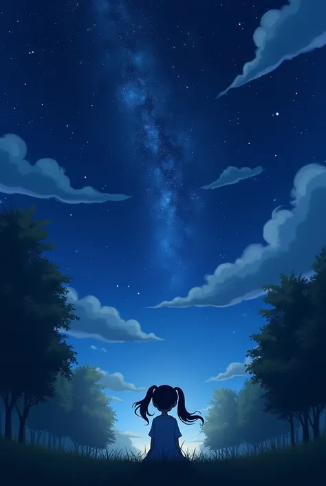 Octane Number, null, star (null), scenery, starry null, night, 1 girl, night null, Alone, Outdoor, cloud, milky way, Sitting, wood, Long Hair, Twin tails、