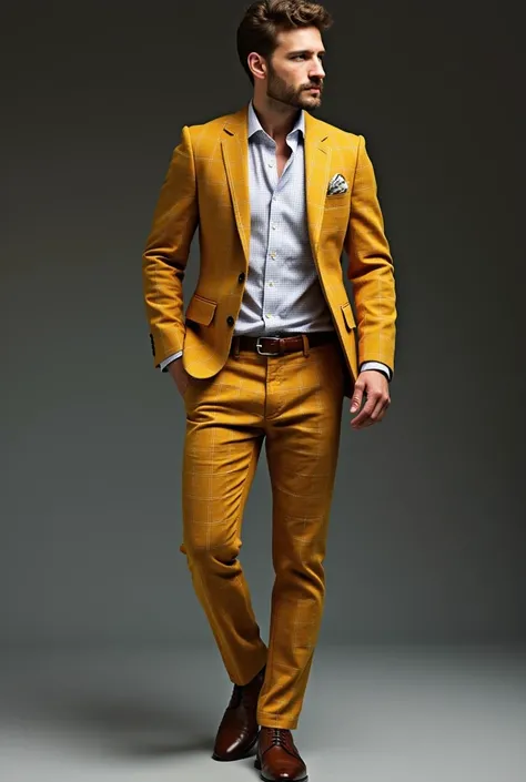 Create me a men&#39;s outfit, formal, with mustard plaid pants, with various shirt combinations