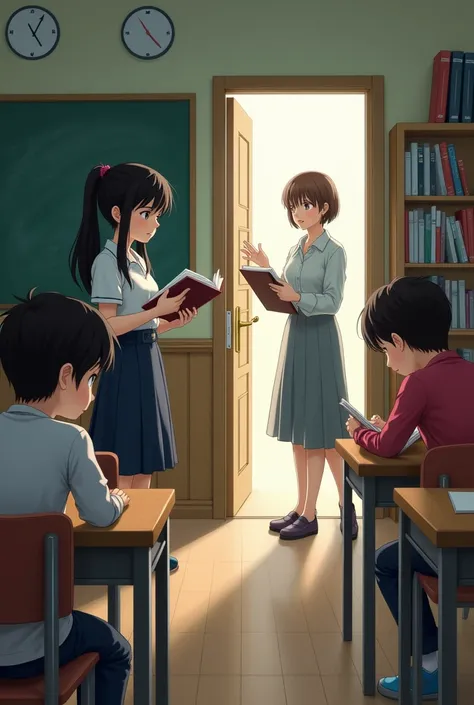 inside the classroom a girl is reading and a female teacher was teaching. Two teenager boy who were punish ,looking from the outside of the door of a classroom at the teacher 