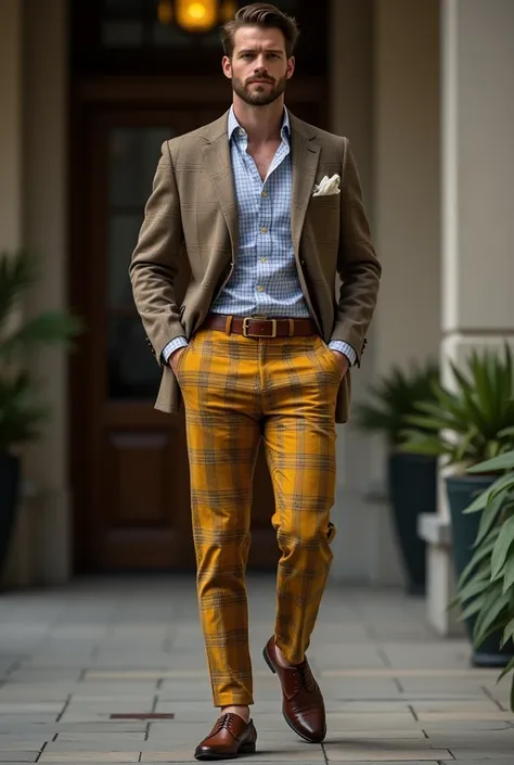 Create me a men&#39;s outfit, formal, with mustard plaid pants, with various shirt combinations