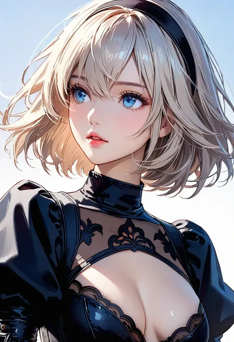 {(masterpiece,best quality, 16K portrait, UHD, extremely detailed the work, detailed beautiful face and eyes and skin and hair)} 
BREAK {(comic-illustration-image style)} 
BREAK {1 adult-woman,(2B of Nier-Automa:1.2), (pale-off-white colored hair:1.4, shor...