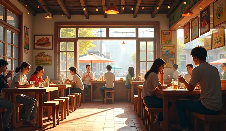 Rustic cafeteria, modern, view of the interior, artistic, posters, joyful atmosphere, windows with street view, bright sunny, detailed scenery, perfect lighting, Necessary, best quality, High details, depth of field, 