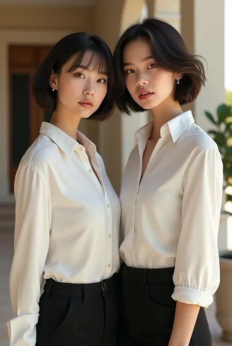 A realistic 2 girl cut and slim face  short hair big brust perfect figure model style wearing a white shirt and black pant background in villa 