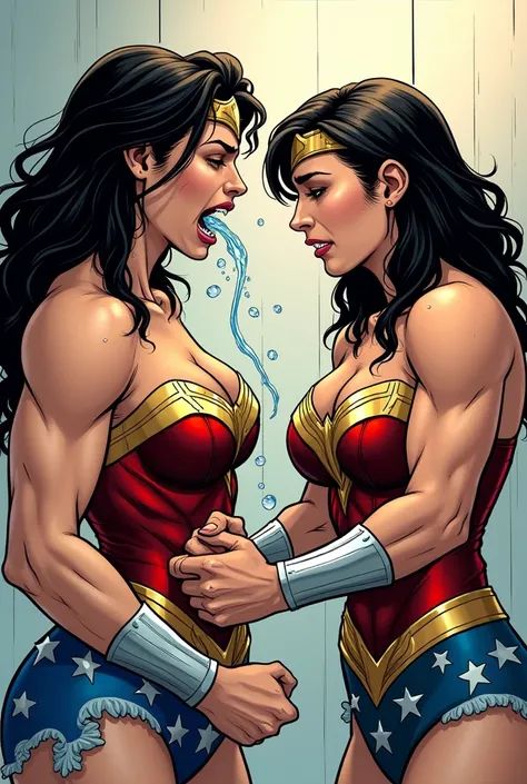 A comic panel of a muscular sweaty Wonder Woman in the middle of vomiting, her body hunched over, with her face contorted in pain and sickness. Her mouth is open as she retches - with a lot and lot of water and saliva countinously spit out strongly from he...